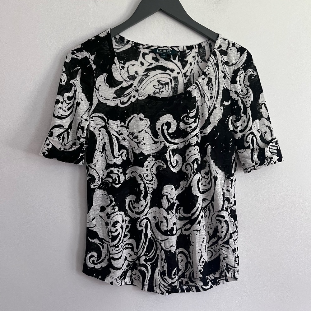 RALPH LAUREN Black White LINEN FLORAL SHIRT Scoopneck Short Sleeve